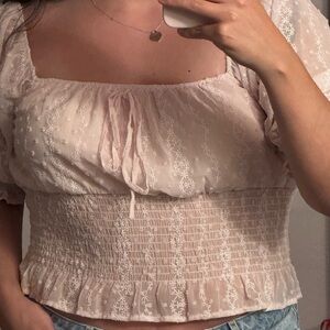 cute top cinched waist bubble sleeves pink